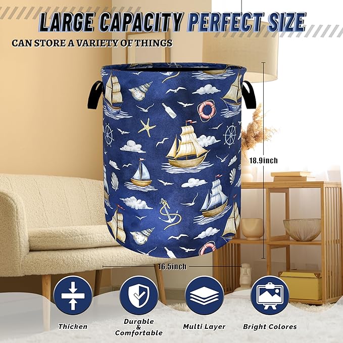 Funny Laundry Basket Foldable Nautical Laundry Hamper With Handle Oxford Cloth Portable Clothes Storage Organizer Basket 18.9"x16.5" Laundry Bag For Laundry Room/Bedroom/Bathrooms