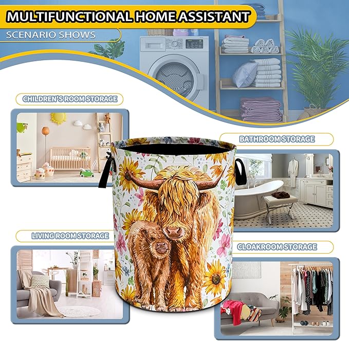 Highland Cow Laundry Basket Beautiful Flowers Foldable Oxford Cloth Funny Tote Bag Laundry Hamper Clothes Storage Bucket Toy Organizer For Bathroom/Laundry Storage/Bedroom 18.9x16.5 Inch