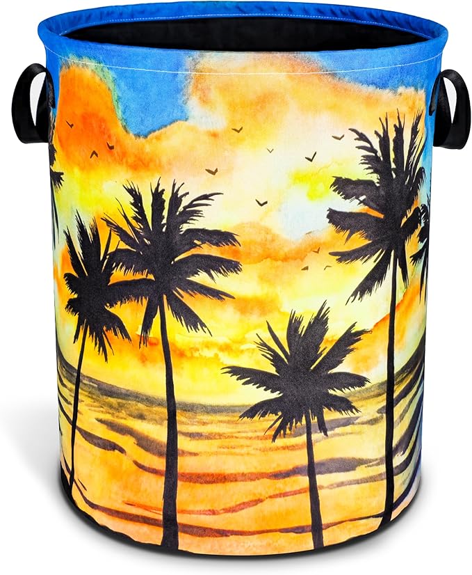 Hawaiian Beach Palm Trees Laundry Basket Sunset Foldable Oxford Cloth Funny Tote Bag Laundry Hamper Clothes Storage Bucket Toy Organizer For Bathroom/Laundry Storage/Bedroom 18.9x16.5 Inch