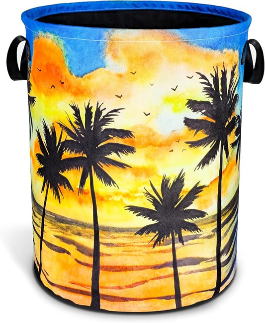 Hawaiian Beach Palm Trees Laundry Basket Sunset Foldable Oxford Cloth Funny Tote Bag Laundry Hamper Clothes Storage Bucket Toy Organizer For Bathroom/Laundry Storage/Bedroom 18.9x16.5 Inch