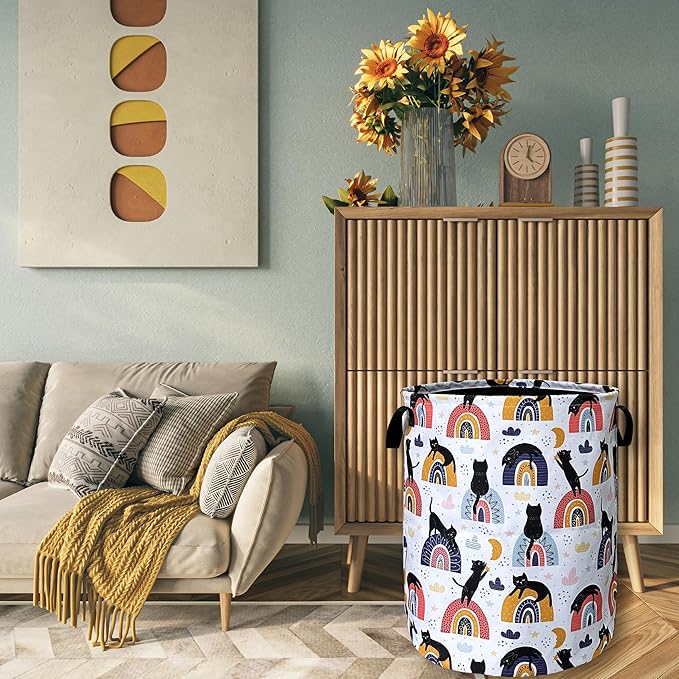 Boho Rainbow Cute Cats Laundry Basket Foldable With Handles Tote Bag Oxford Cloth Funny Cat Laundry Hamper Clothes Storage Bucket Toy Organizer 18.9" x 16.5" For Bathroom/Laundry/Bedroom