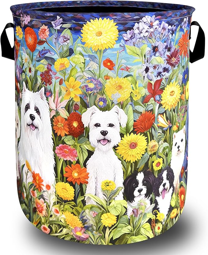 Watercolor Flowers Animal Dogs Laundry Hamper Oxford Cloth Dog Funny Laundry Basket With Handle Portable Clothes Storage Basket Foldable Laundry Bag 18.9"x16.5" For Laundry Room/Bedroom/Bathrooms