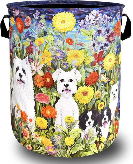 Watercolor Flowers Animal Dogs Laundry Hamper Oxford Cloth Dog Funny Laundry Basket With Handle Portable Clothes Storage Basket Foldable Laundry Bag 18.9"x16.5" For Laundry Room/Bedroom/Bathrooms