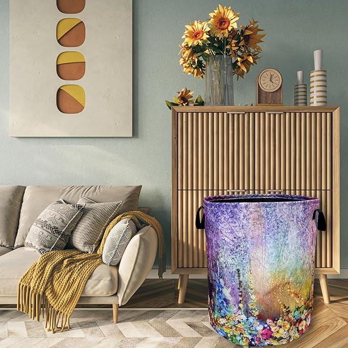 Watercolor Purple Flowers Laundry Basket Foldable With Handles Colorful Tote Bag Oxford Cloth Laundry Hamper Clothes Storage Bucket Toy Organizer 18.9" x 16.5" For Bathroom/Laundry/Bedroom