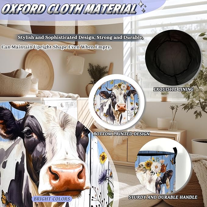 Cute Animal Cows Laundry Basket Foldable Colorful Flowers Laundry Hamper With Handle Oxford Cloth Portable Clothes Storage Organizer Basket 18.9"x16.5" Laundry Bag For Laundry Room/Bedroom/Bathrooms