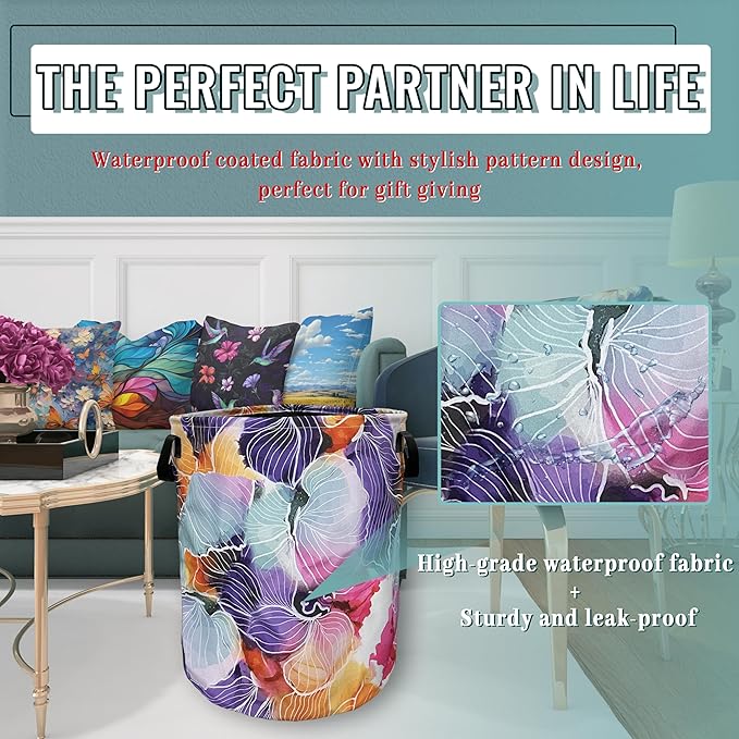 Abstract Watercolor Floral Laundry Basket Foldable With Handles Tote Bag Oxford Cloth Flowers Laundry Hamper Clothes Storage Bucket Toy Organizer 18.9" x 16.5" For Bathroom/Laundry/Bedroom