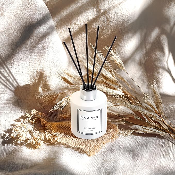 Flower Reed Diffuser Set,5.1 fl oz White Jasmine Scent Diffuser with Sticks Home Fragrance Reed Diffuser with Essential Oil for Bathroom Shelf Decor&Air Freshener,Home Bathroom Office Decor