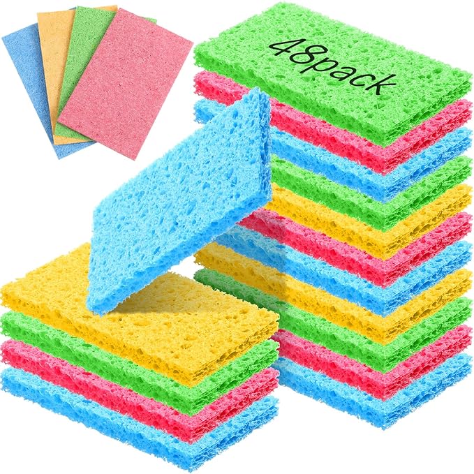 Zhengmy 48 Pieces Kitchen Sponge Bulk Natural Sponges for Dishes Compressed Wood Pulp Sponges Cleaning Sponge Without Scratching for Kitchen Bathroom, 3.9 x 2.4 x 0.12 Inch (Multicolor)