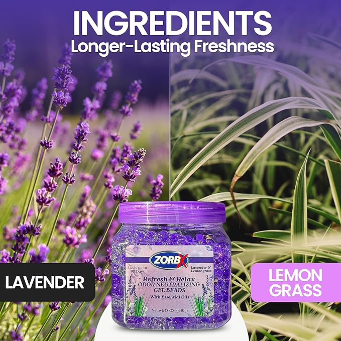 ZORBX Refresh & Relax Odor Neutralizing Gel Beads 12 Oz. 2 Pack – Lavender & Lemongrass Gel Beads Air Freshener Infused with Essential Oils – For Living Room, Bathroom, Car, Closet & Home