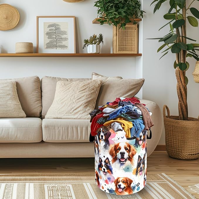 Watercolor Dogs Print Laundry Hamper Oxford Cloth Animals Paws Funny Dogs Laundry Basket With Handle Portable Clothes Storage Basket Foldable Laundry Bag 18.9"x16.5" For Laundry Room/Bedroom/Bathroom