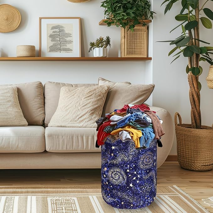 Blue Galaxy Laundry Basket Foldable Colorful Starry Sky Laundry Hamper With Handle Oxford Cloth Portable Clothes Storage Organizer Basket 18.9"x16.5" Laundry Bag For Laundry Room/Bedroom/Bathrooms
