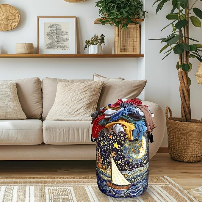 Watercolor Starry Sky Laundry Hamper Oxford Cloth Colorful Moon Laundry Basket With Handle Portable Clothes Storage Basket Foldable Laundry Bag 18.9"x16.5" For Laundry Room/Bedroom/Bathroom
