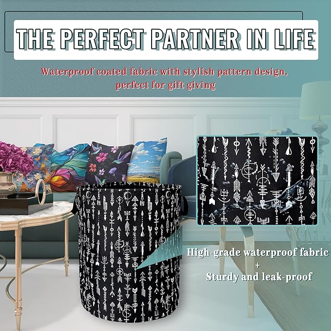 Black White Adventure Arrow Laundry Basket Foldable With Handles Tote Bag Oxford Cloth Funny Laundry Hamper Clothes Storage Bucket Toy Organizer 18.9" x 16.5" For Bathroom/Laundry/Bedroom