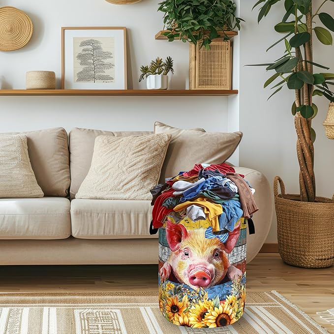 Cute Pig Laundry Basket Foldable Floral Sunflowers Animal Laundry Hamper With Handle Oxford Cloth Portable Clothes Storage Organizer Basket 18.9"x16.5" Laundry Bag For Laundry Room/Bedroom/Bathrooms