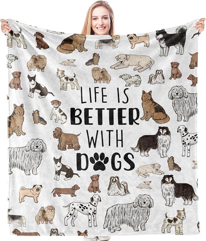 HIWX Dog Blanket, Dogs Blankets, Dog Lover Mom Gifts for Women Owner Lovers, Puppy Mom Blanket, Puppy Throw Blankets, Life is Better with Dogs Themed Throw Blanket for Bed Couch, 50x60 Inches