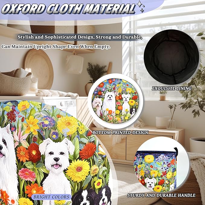 Watercolor Flowers Animal Dogs Laundry Hamper Oxford Cloth Dog Funny Laundry Basket With Handle Portable Clothes Storage Basket Foldable Laundry Bag 18.9"x16.5" For Laundry Room/Bedroom/Bathrooms