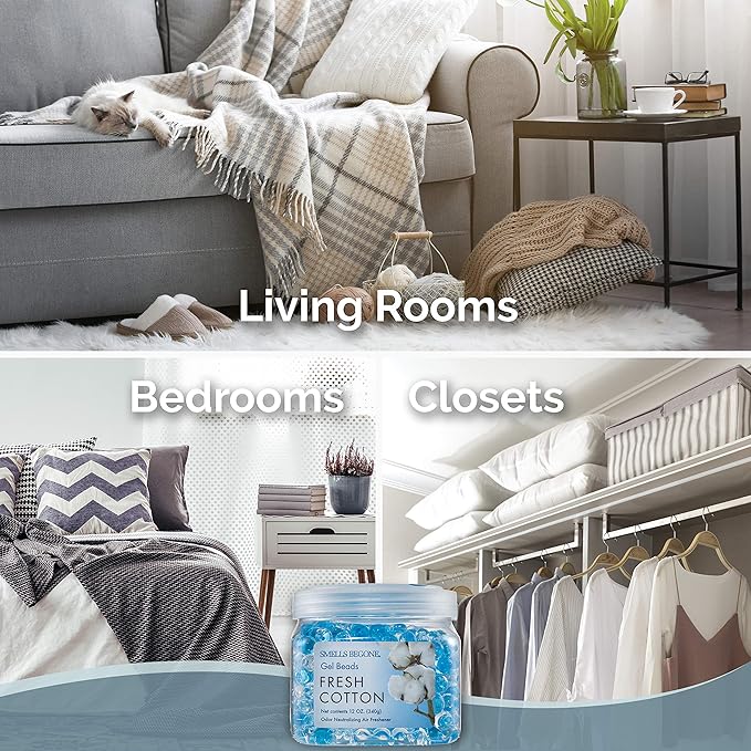 SMELLS BEGONE Odor Eliminator Gel Beads - Air Freshener - Eliminates Odor in Bathrooms, Cars, Boats, RVs & Pet Areas - Made with Essential Oils - Fresh Cotton Scent - 12 Ounce