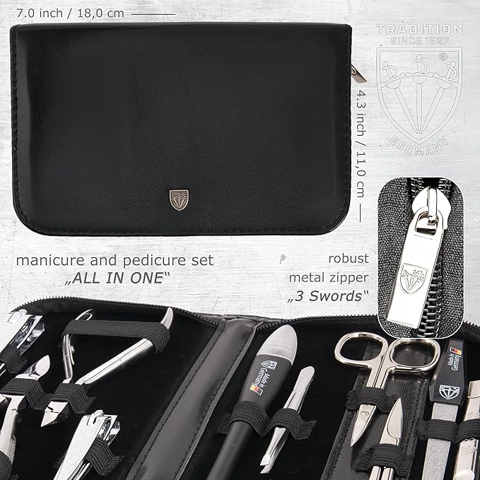 3 Swords Germany - brand quality 10 piece manicure pedicure grooming kit set for professional finger & toe nail care scissors clipper fashion leather case in gift box, Made by 3 Swords (00286)