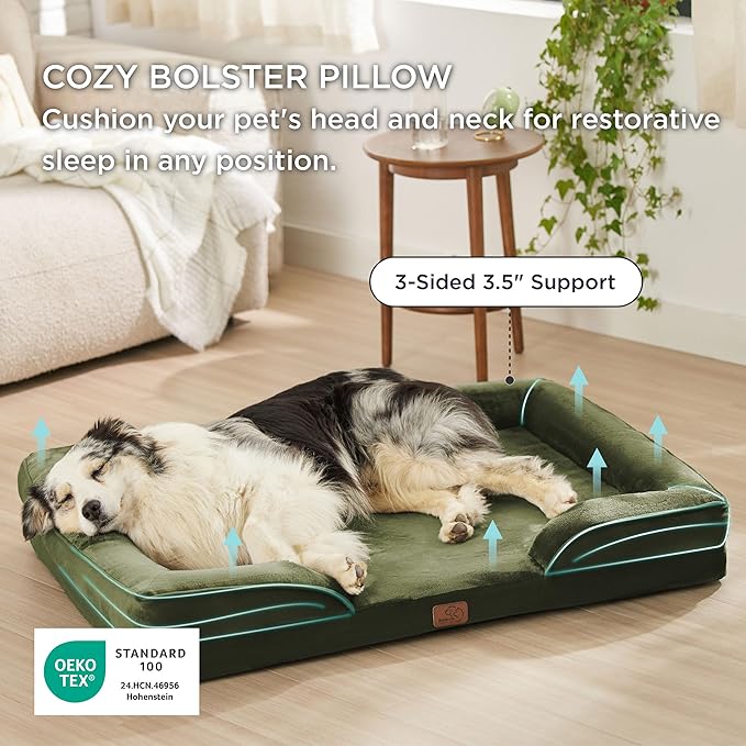 Bedsure XL Orthopedic Dog Bed for Extra Large Dogs - Washable XLarge Dog Cat Bed Waterproof, Comfort Dogs Couch Sofa with Washable Removable Cover, Pet Bed with Nonskid Bottom, Moss Green, 42"