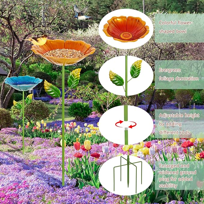 2 Pack Bird Bath for Outside, 31.3" H Metal Birdbaths, 10.63" Dia Garden Flower Bird Water Bowl, Freestanding Hummingbird Bath for Outdoors Garden Patio Yard Decor (Blue,Yellow)