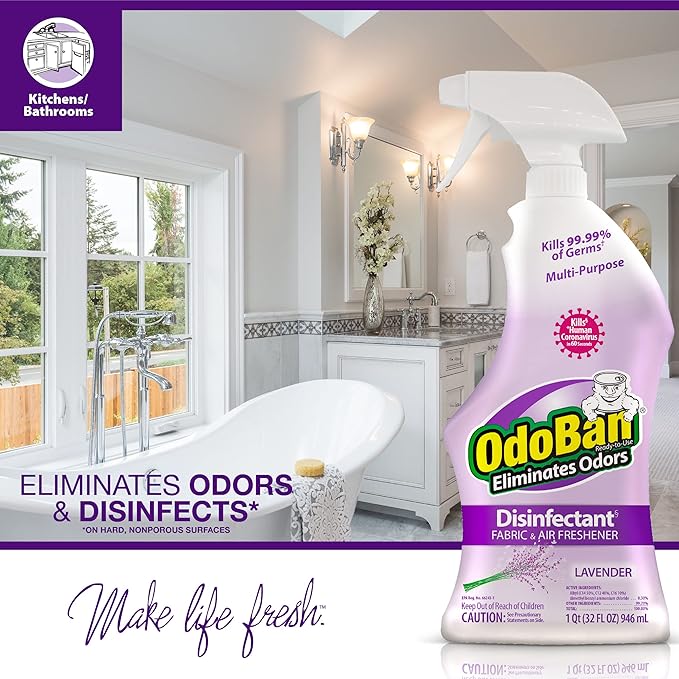 OdoBan Ready-to-Use Disinfectant and Harsh Aroma Eliminator, Cleaner and Fabric/Air Freshener, Set of 2, 14.6 Ounce 360-Degree Continuous Spray and 32 Ounce Trigger Spray, Lavender Scent