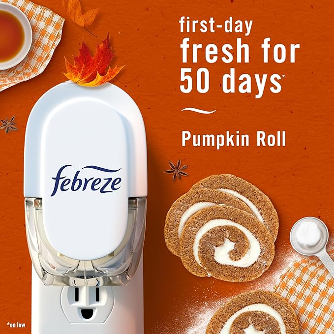 Febreze Plug In Air Freshener, Odor-Fighting Scented Oil Refill, Pumpkin Roll Scent, 4 Refill