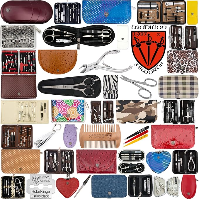 3 Swords Germany – brand quality 10 piece manicure pedicure grooming kit set for professional finger & toe nail care tweezers file clipper fashion leather case in gift box, Made by 3 Swords (7797)