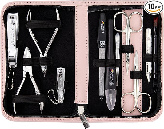 3 Swords Germany - brand quality 10 piece manicure pedicure grooming kit set for nail care scissors clipper pink synthetic leather case - Made by 3 Swords