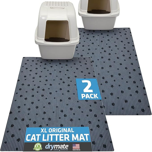Drymate 2-Pack XL Original Cat Litter Mat, Contains Mess from Box, Protects Floors, Urine-Proof, Machine Washable, Soft on Kitty Paws, Absorbent, Waterproof (USA Made) (28”x36”)(GreyStripePaw)