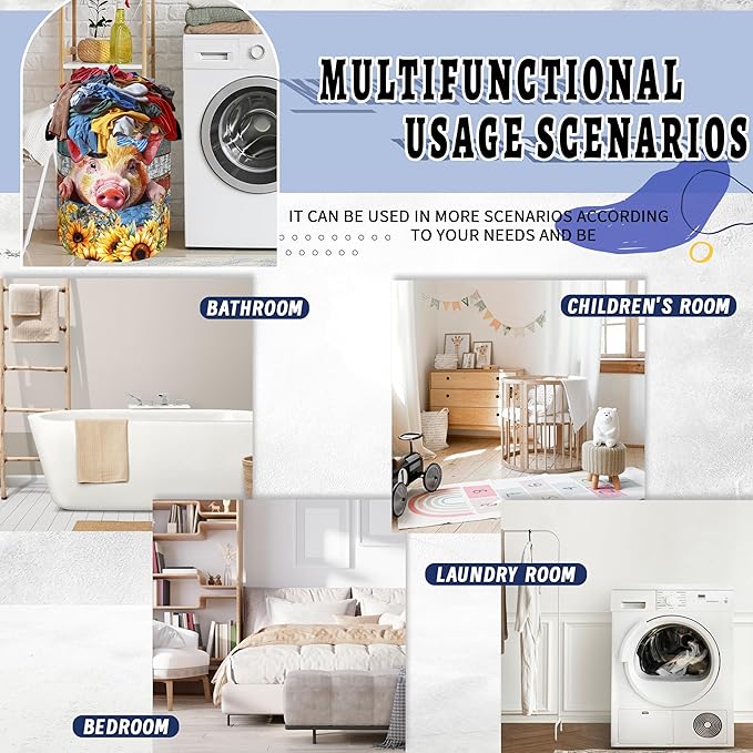 Cute Pig Laundry Basket Foldable Floral Sunflowers Animal Laundry Hamper With Handle Oxford Cloth Portable Clothes Storage Organizer Basket 18.9"x16.5" Laundry Bag For Laundry Room/Bedroom/Bathrooms