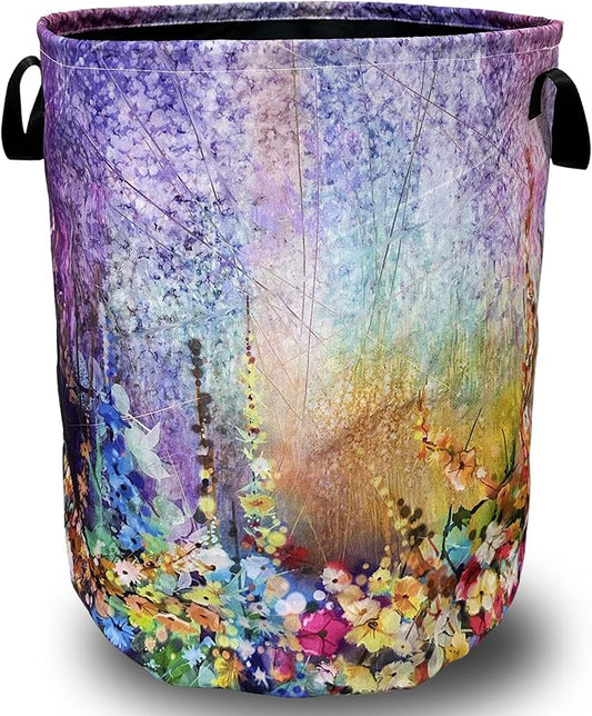 Watercolor Purple Flowers Laundry Basket Foldable With Handles Colorful Tote Bag Oxford Cloth Laundry Hamper Clothes Storage Bucket Toy Organizer 18.9" x 16.5" For Bathroom/Laundry/Bedroom