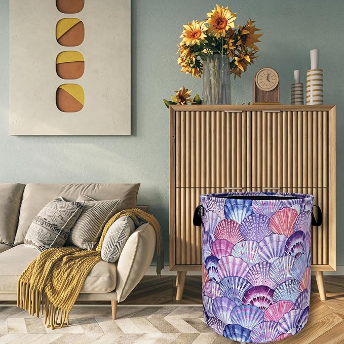 Watercolor Seashell Laundry Basket With Handles Oxford Cloth Tote Bag Colorful Laundry Hamper18.9"x16.5 "Foldable Clothe Storage Bucket Toy Organizer For Bathroom/Laundry/Bedroom