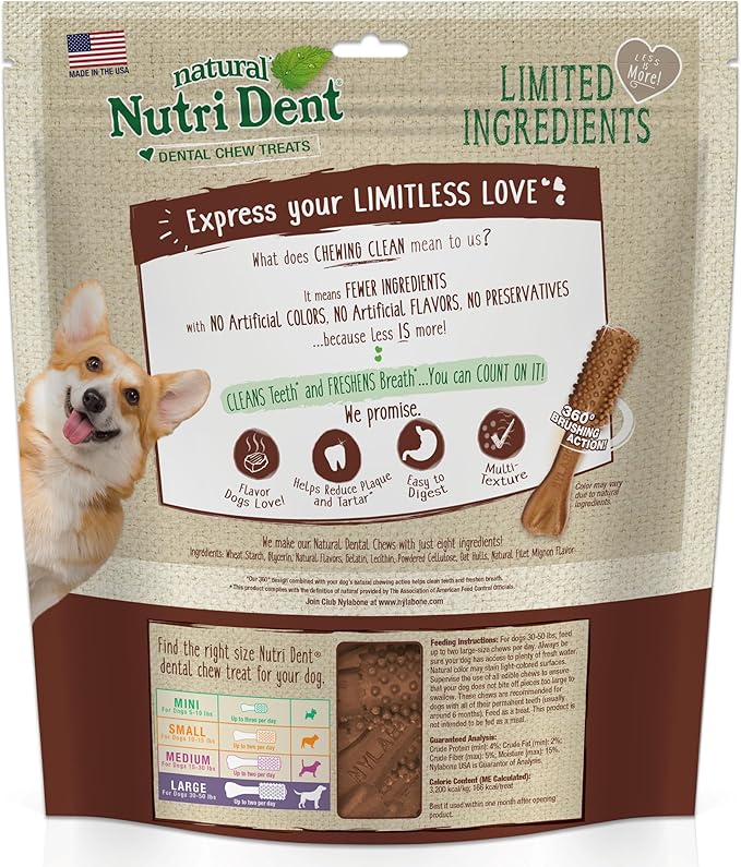 Nylabone Nutri Dent Dog Dental Chews - Natural Dog Teeth Cleaning & Breath Freshener - Dental Treats for Dogs - Filet Mignon Flavor, Large (20 Count)