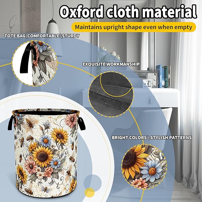 Bee Sunflower Laundry Basket Flower Foldable Oxford Cloth Funny Tote Bag Laundry Hamper Clothes Storage Bucket Toy Organizer For Bathroom/Laundry Storage/Bedroom 18.9x16.5 Inch