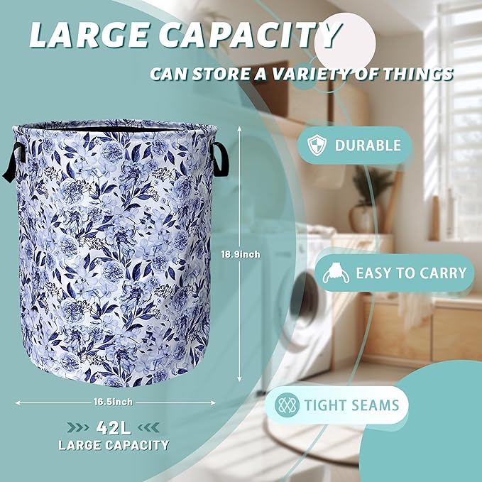 Blue Flower Floral Laundry Basket Foldable With Handles Beautiful Tote Bag Oxford Cloth Colorful Laundry Hamper Clothes Storage Bucket Toy Organizer 18.9"x16.5"For Bathroom/Laundry/Bedroom