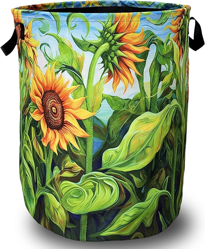Watercolor Sunflowers Laundry Basket Foldable With Handles Colorful Tote Bag Oxford Cloth Laundry Hamper Clothes Storage Bucket Toy Organizer 18.9" x 16.5" For Bathroom/Laundry/Bedroom