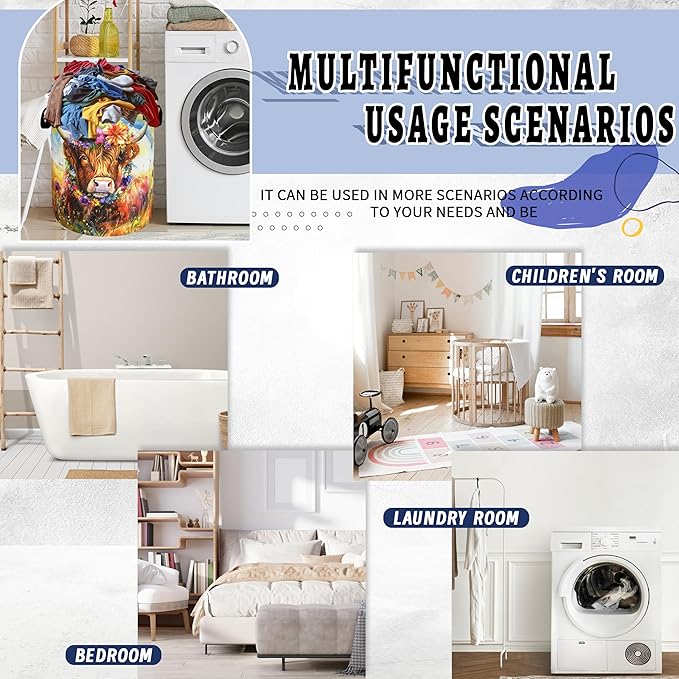 Watercolor Highland Cow Laundry Hamper Oxford Cloth Animal Flowers Laundry Basket With Handle Portable Clothes Storage Basket Foldable Laundry Bag 18.9"x16.5" For Laundry Room/Bedroom/Bathroom