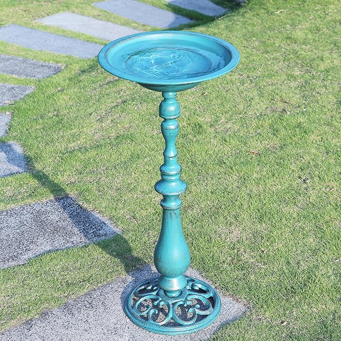 26.6”H×12.3" W Cast Iron Pedestal Bird Bath，Metal Birdbaths Bird Feeder Seed Tray for Garden Yard Decor -Blue.