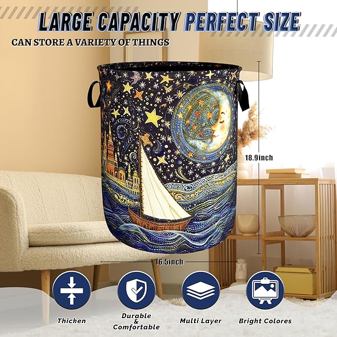 Watercolor Starry Sky Laundry Hamper Oxford Cloth Colorful Moon Laundry Basket With Handle Portable Clothes Storage Basket Foldable Laundry Bag 18.9"x16.5" For Laundry Room/Bedroom/Bathroom