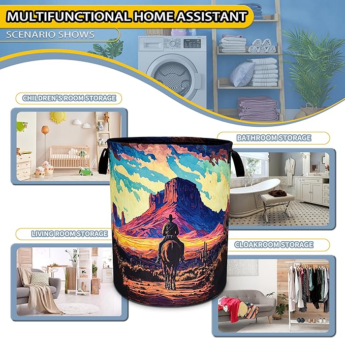 Western Cowboy Laundry Basket Desert Mountains Foldable Oxford Cloth Funny Tote Bag Laundry Hamper Clothes Storage Bucket Toy Organizer For Bathroom/Laundry Storage/Bedroom 18.9x16.5 Inch