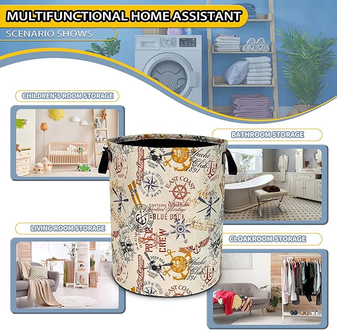Anchor Laundry Basket Compass Seafaring Foldable Oxford Cloth Funny Tote Bag Laundry Hamper Clothes Storage Bucket Toy Organizer For Bathroom/Laundry Storage/Bedroom 18.9x16.5 Inch