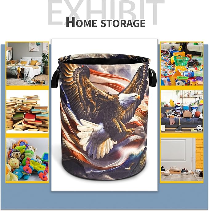American Flag Bald Eagle Laundry Basket Foldable Oxford Cloth Funny Tote Bag Laundry Hamper Clothes Storage Bucket Toy Organizer For Bathroom/Laundry Storage/Bedroom 18.9x16.5 Inch