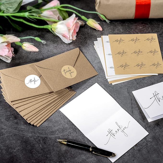 100 Bulk Thank You Cards with Kraft Envelopes and stickers - 4 Minimalistic Designs Blank Thank You Notes with Envelopes for business Wedding Bridal Gift Baby Shower Business Graduation