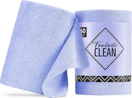 Fantasticlean Microfiber Cleaning Cloth Roll -60 Pack, Tear Away Paperless Towels, 8" x 8", Reusable Washable Rags, for Home Kitchen, Pet, Office, Indoor Outdoor, Compact and Portable (Light-Purple)