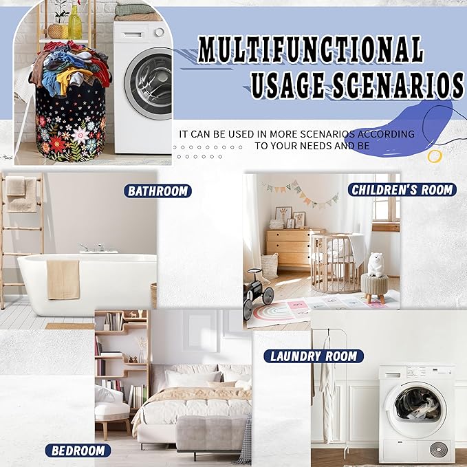 Cute Colorful Floral Laundry Basket Foldable Flowers Laundry Hamper With Handle Oxford Cloth Portable Clothes Storage Organizer Basket 18.9"x16.5" Laundry Bag For Laundry Room/Bedroom/Bathrooms