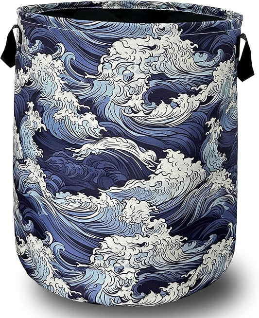 Vintage Sea Waves Laundry Basket With Handles Oxford Cloth Tote Bag Colorful Laundry Hamper 18.9"x16.5 "Foldable Clothes Storage Bucket Toy Organizer For Bathroom/Laundry/Bedroom
