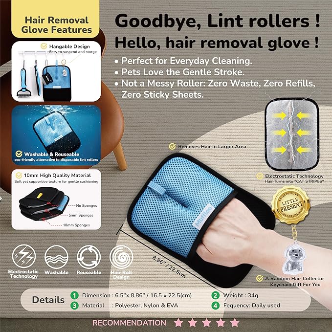 Pet Hair Removal Glove & Dematting Brush Gift Set: 6 Tools for Dogs and Cats- Pet Hair Removal Tool, Undercoat Rake, Grooming Rake, Dog Hair Keychain- for Golden Retrievers & Long Hair- for Car & Rug