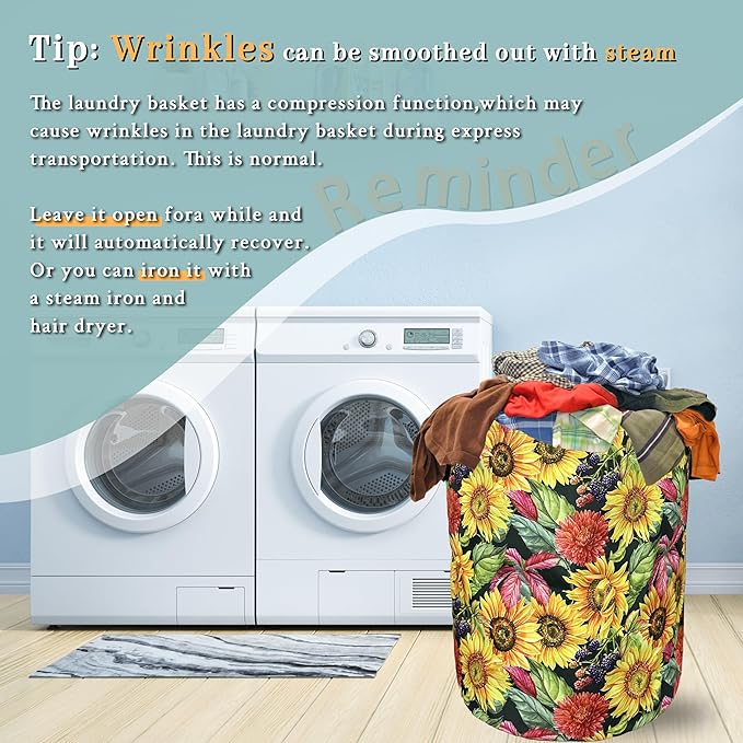 Yellow Sunflowers Laundry Basket Foldable With Handles Tote Bag Oxford Cloth Colorful Floral Laundry Hamper Clothes Storage Bucket Toy Organizer 18.9" x 16.5" For Bathroom/Laundry/Bedroom