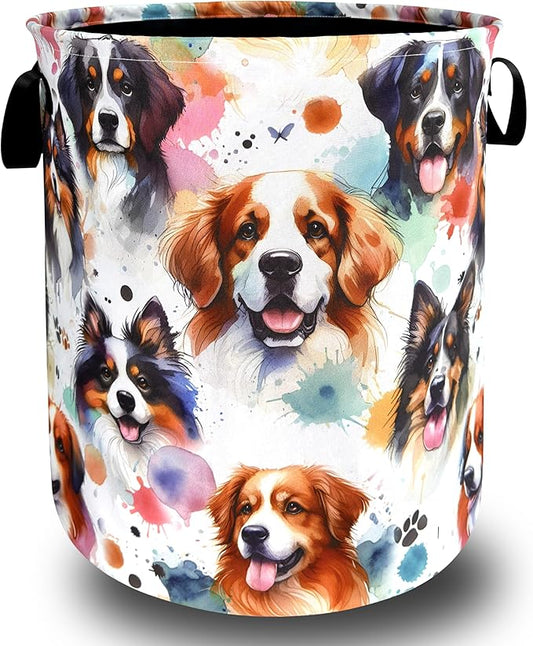 Watercolor Dogs Print Laundry Hamper Oxford Cloth Animals Paws Funny Dogs Laundry Basket With Handle Portable Clothes Storage Basket Foldable Laundry Bag 18.9"x16.5" For Laundry Room/Bedroom/Bathroom