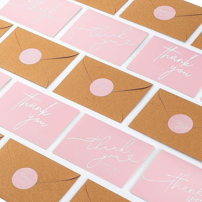 100 Bulk Pink Thank You Cards with Kraft Envelopes and stickers - 4 Minimalistic Designs Blank Thank You Notes with Envelopes for business Wedding Bridal Gift Baby Shower Business Graduation